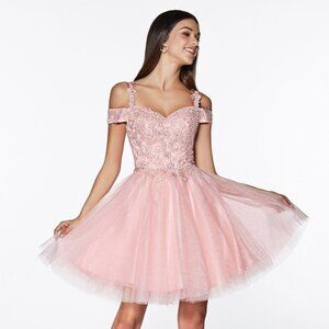 NEW BLUSH OFF THE SHOULDER LACE A-LINE DRESS WITH LACED UP BACK & STRAPS CD0132